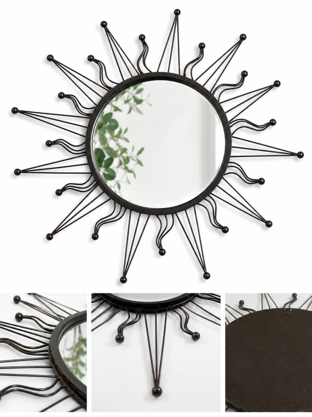 Vintage Black Metal Sunburst Wall Mirror Mid-Century Modern Style
